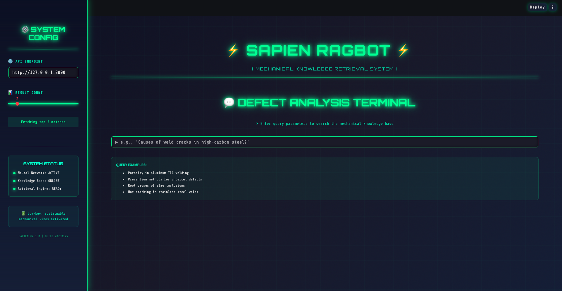 SAPIEN RAGBot Interface - Query Terminal
